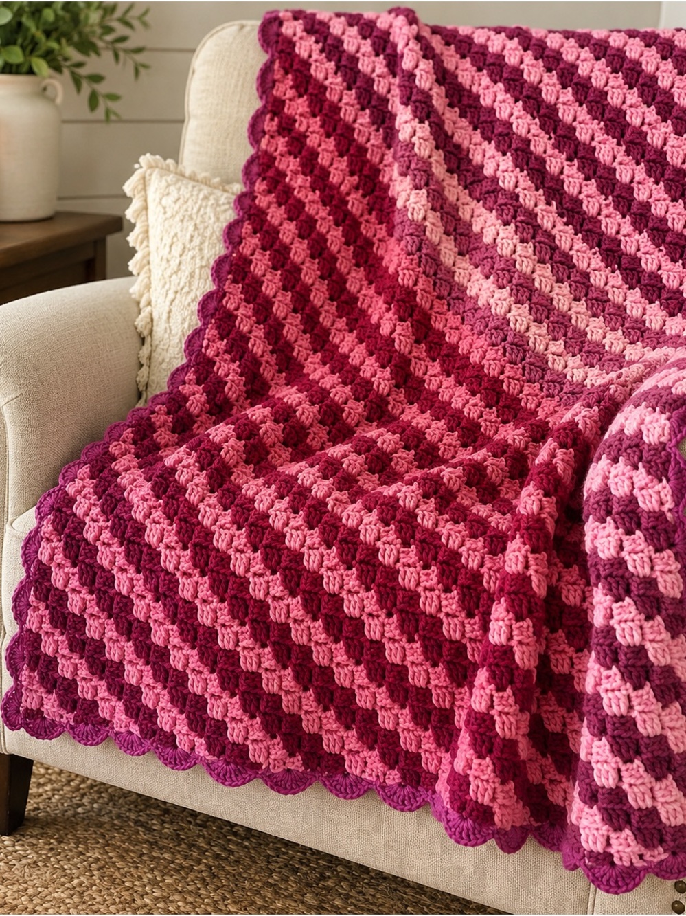 Handmade Ombre Pink Crochet Throw Blanket - Cozy Layering Throw